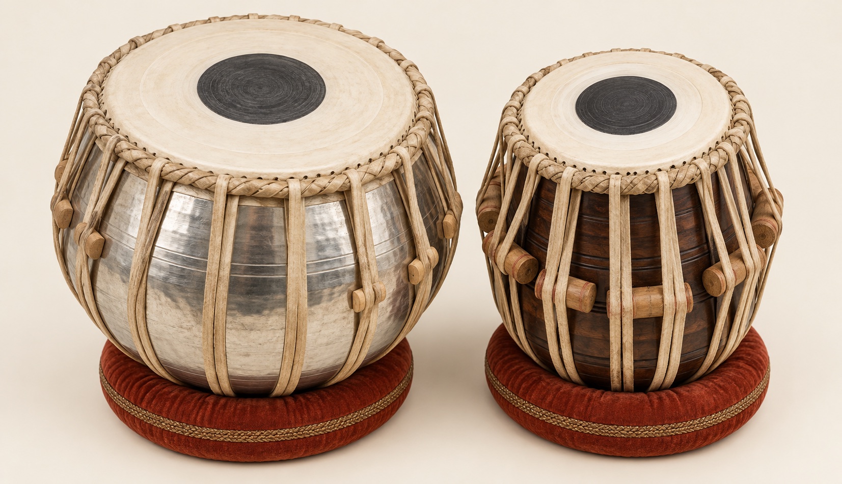 Silver bayan and wooden dayan tabla with ivory drum heads